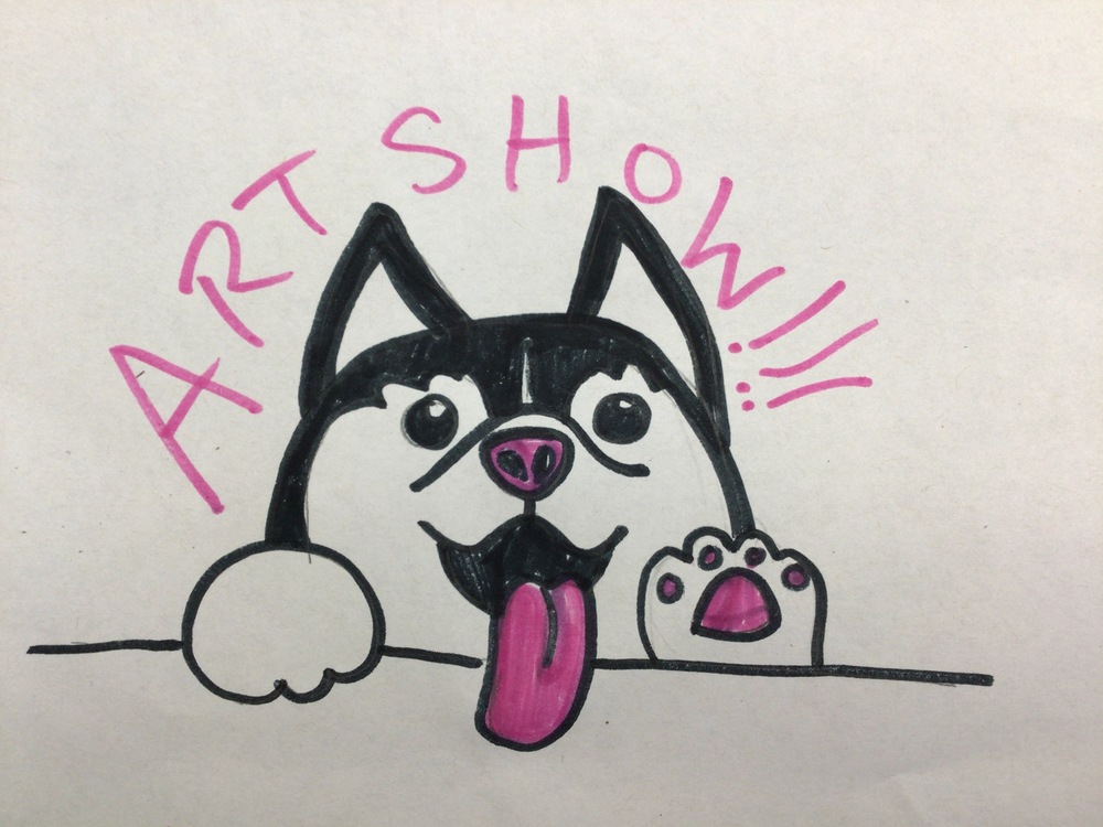 Husky Dog waving with the words "Art show" over his head
