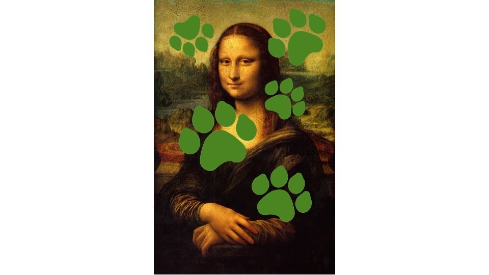 Painting of Mona Lisa covered in Paw prints