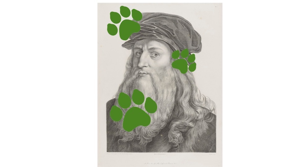 Portrait of Leonardo Da Vinci covered in paw prints