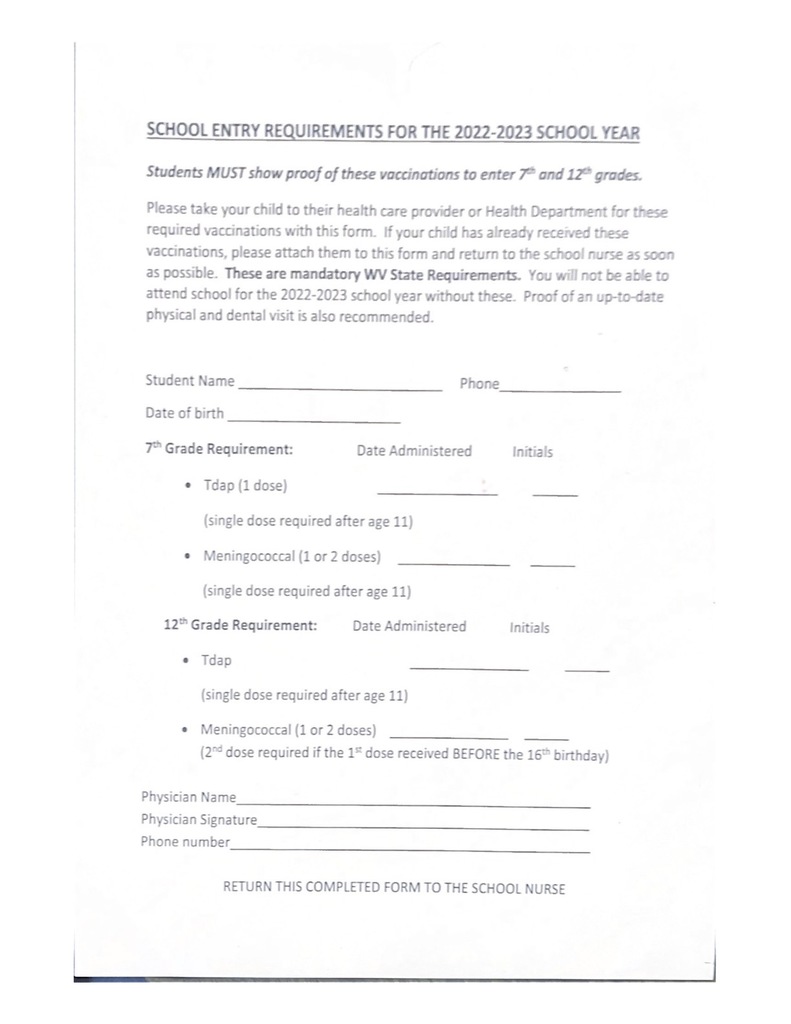 7th Grade Vaccination requirements