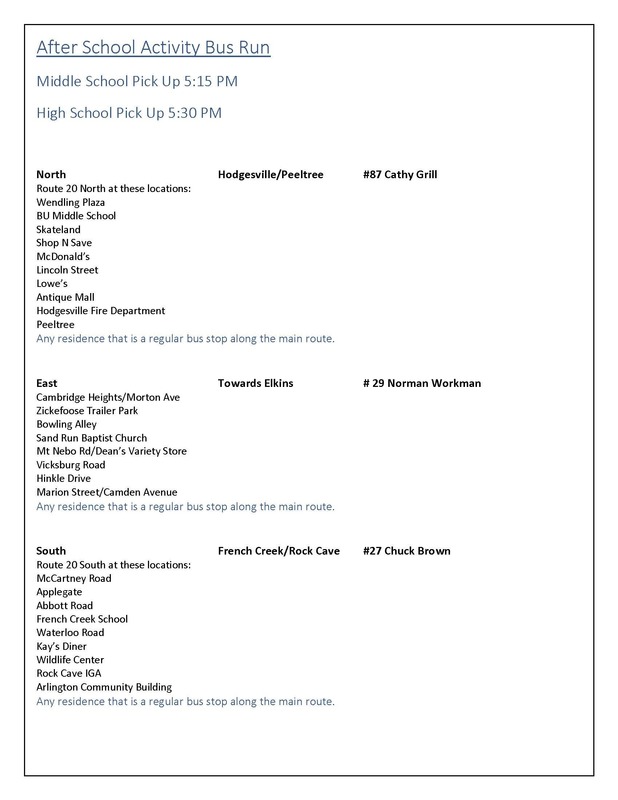 Activity Bus Schedule | Upshur County Schools